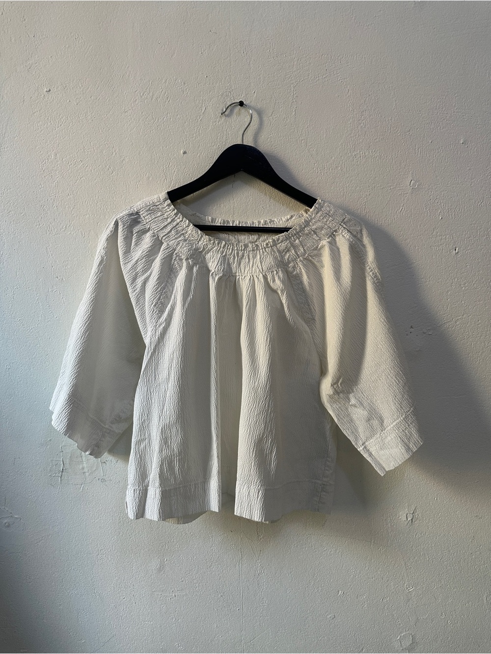 White Textured Gauze Peasant Blouse Long Sleeve Boho Size M